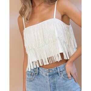 Main Strip White Fringe Crop Top